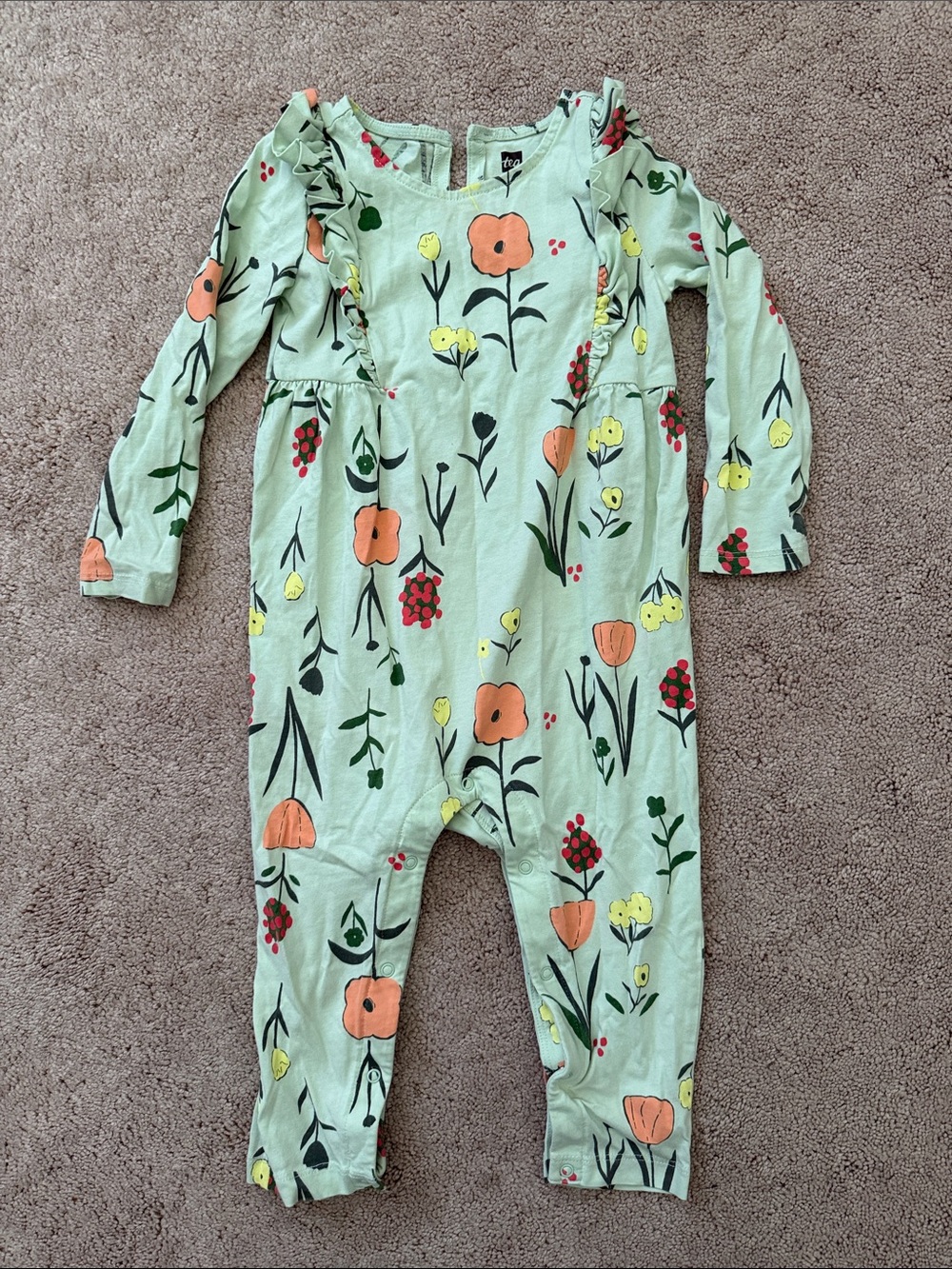 Tea Collection Floral One-Piece Romper - Mint with Orange & Yellow Flowers